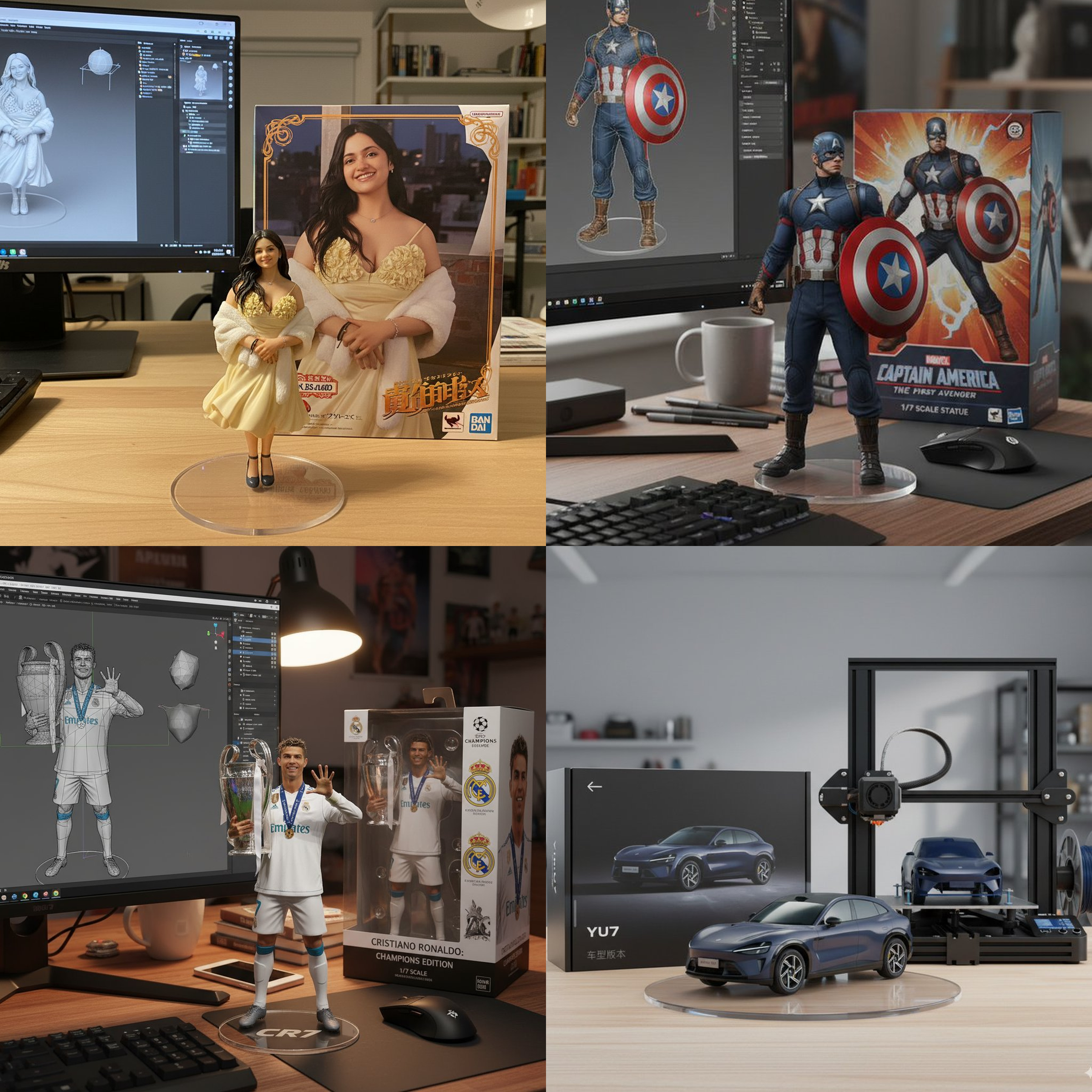Google Nano Banana AI 3D figurine example showing realistic character figure with authentic toy packaging box, transparent display base, and Blender 3D modeling workspace on computer screen - viral social media collectible